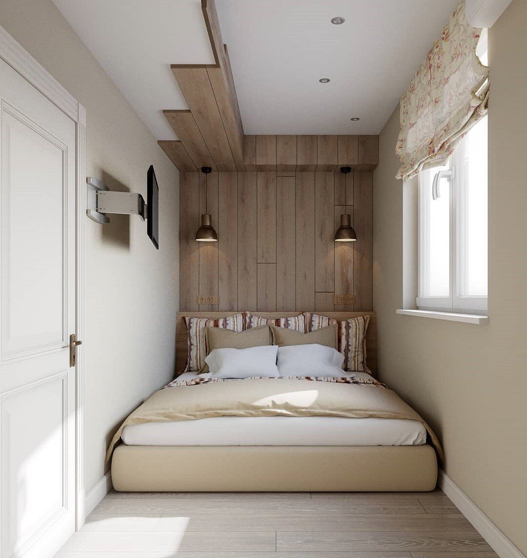 Дизайн маленькой спальни в хрущевке, какие шторы сейчас в моде, кровать-трансформер для малогабаритной квартиры