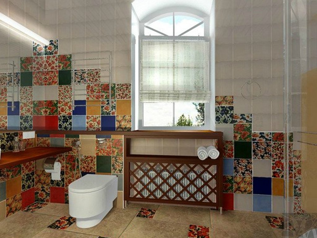 Плитка в стиле пэчворк: фартук для кухни, кафель в ванной и туалете
 - 19 фото