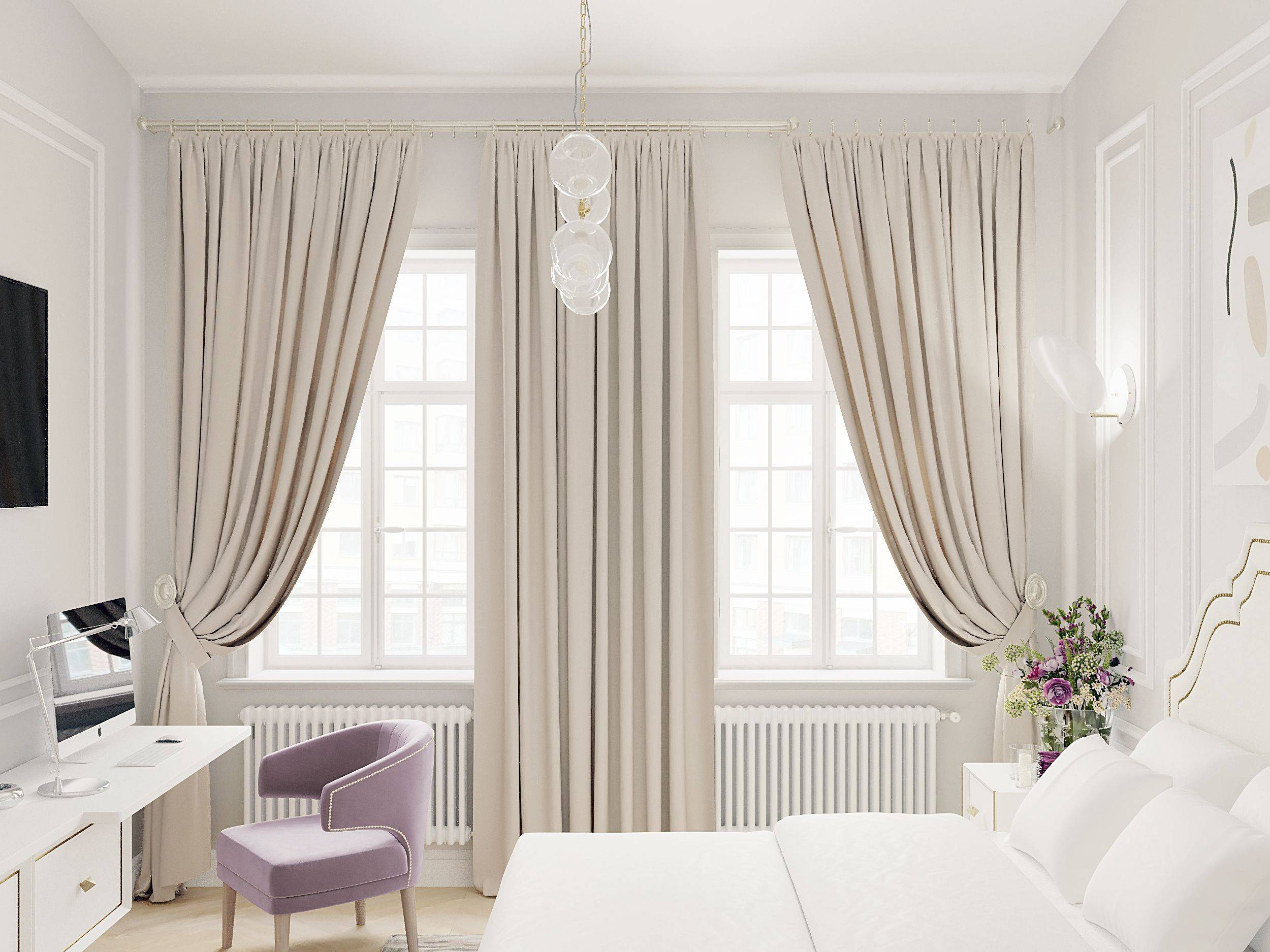 Белые шторы: выбор, фото в интерьере гостиной