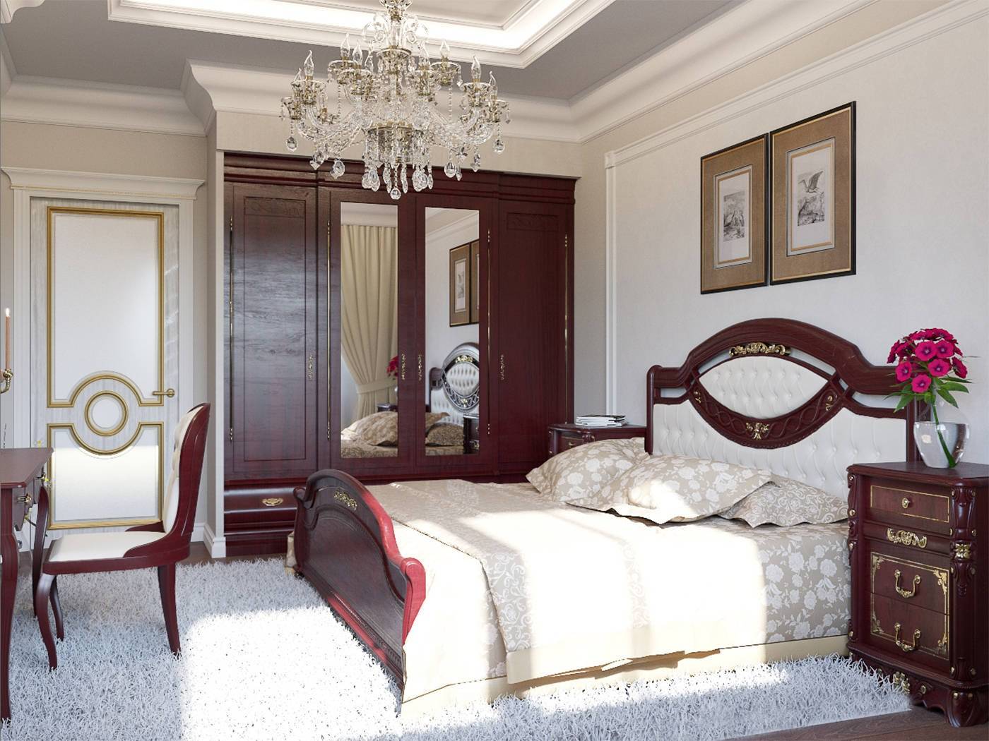 Спальня в классическом стиле в светлых тонах: мебель, отделка, освещение