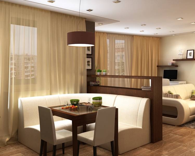 Планировка кухни-гостинной: зал совмещенный с кухней, г-образная столовая с двумя окнами, варианты расстановки мебели, ремонт в едином стиле