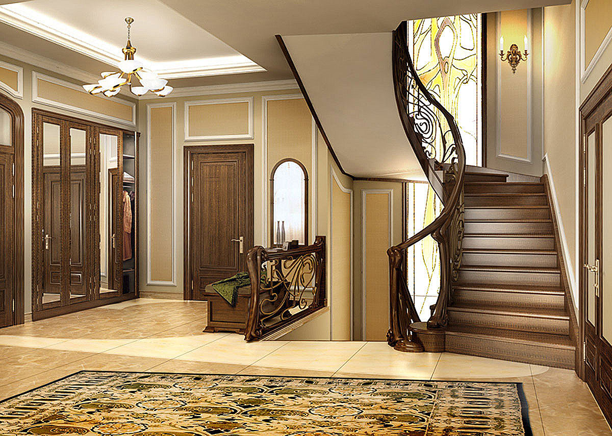 Прихожая с лестницей в частном доме: дизайн интерьера второго этажа на фото